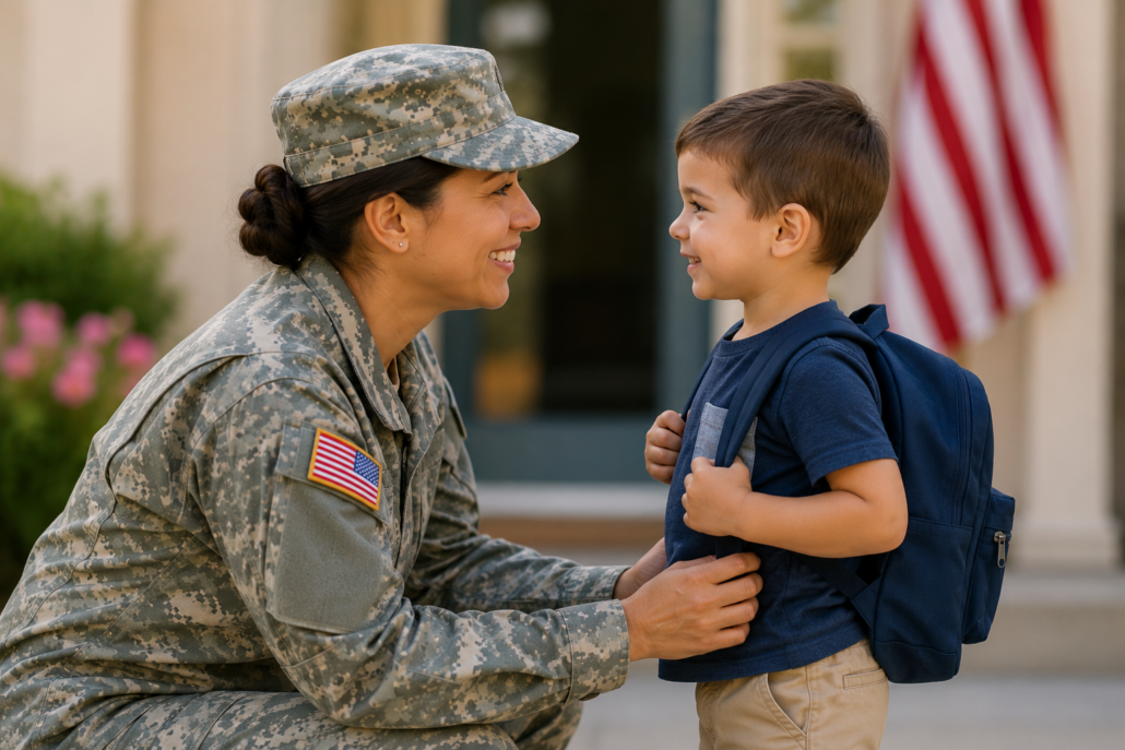 military member greeting her child